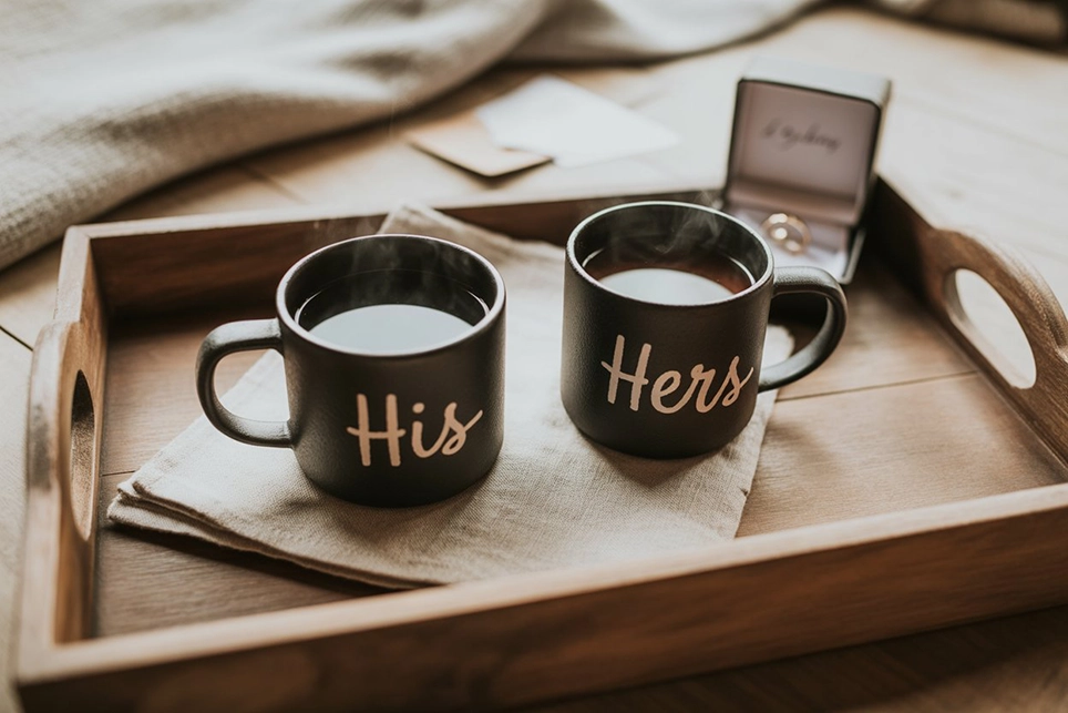 Iron mugs for couples with His and Hers engravings.
