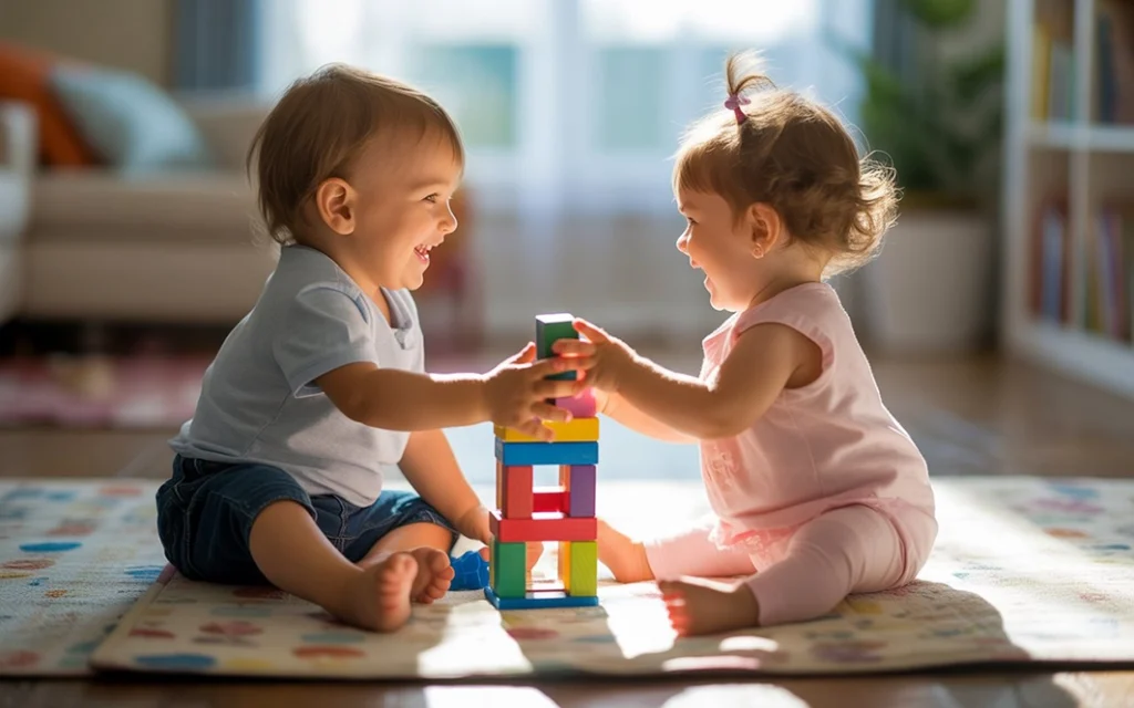 Toddlers playing together to build communication and teamwork skills.