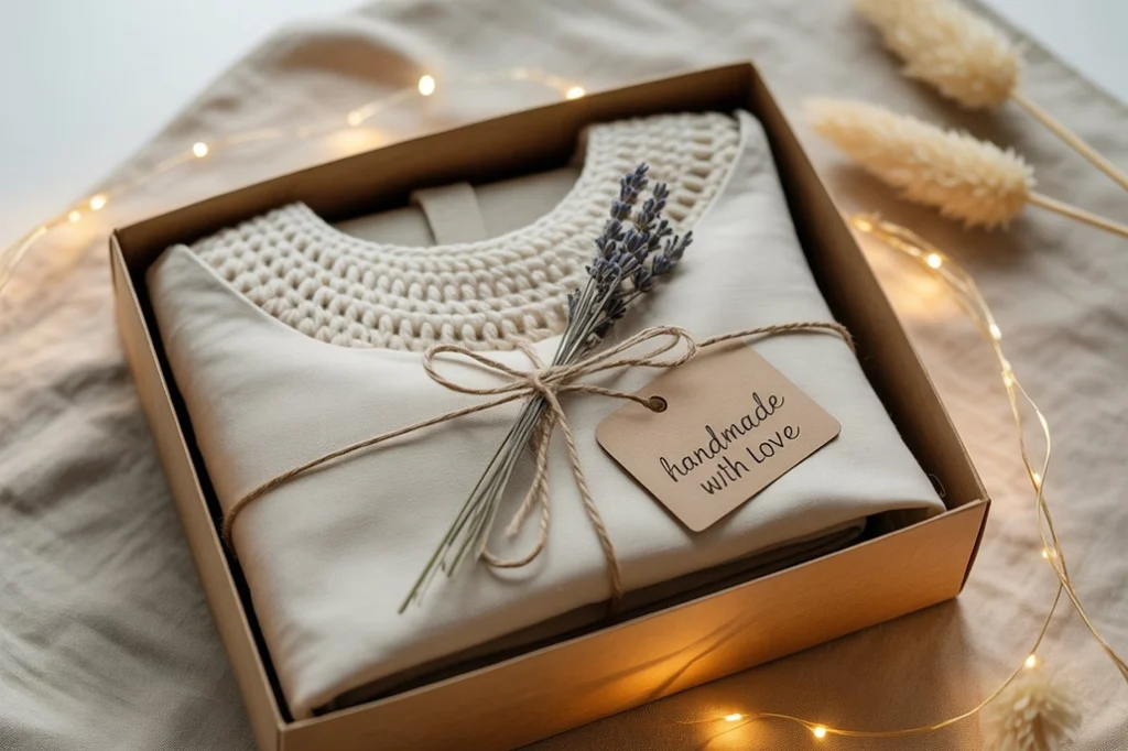Eco-friendly gift box with a handmade crochet top wrapped for giving.