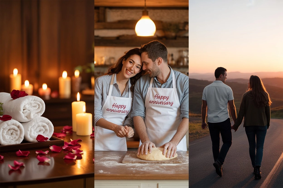 Collage of anniversary experiences including spa, cooking class, and weekend getaway