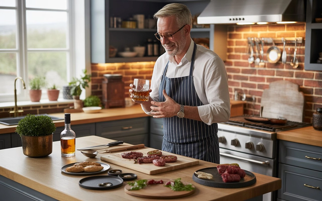 A father-in-law enjoying a culinary experience with gourmet food and premium beverages, such as whiskey or fine wine.