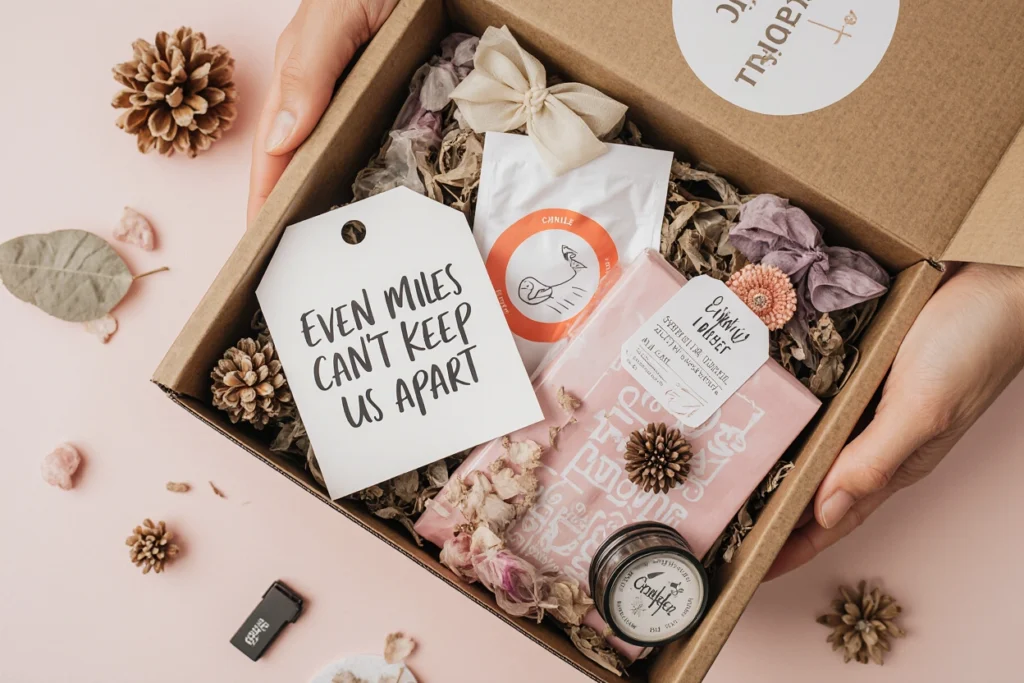 A Valentine gift box for long-distance couples featuring a “Even miles can’t keep us apart” tag, dried flowers, skincare items, and cozy touches.