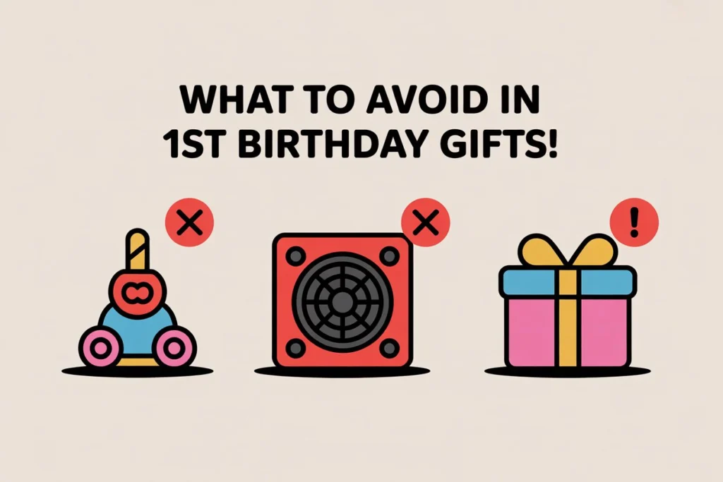 Icons of common gift mistakes to avoid for 1-year-olds.