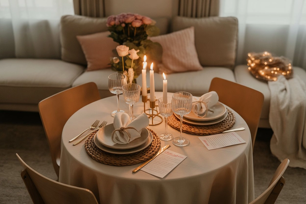 Candlelit home dinner setup as a budget-friendly 2nd anniversary celebration.