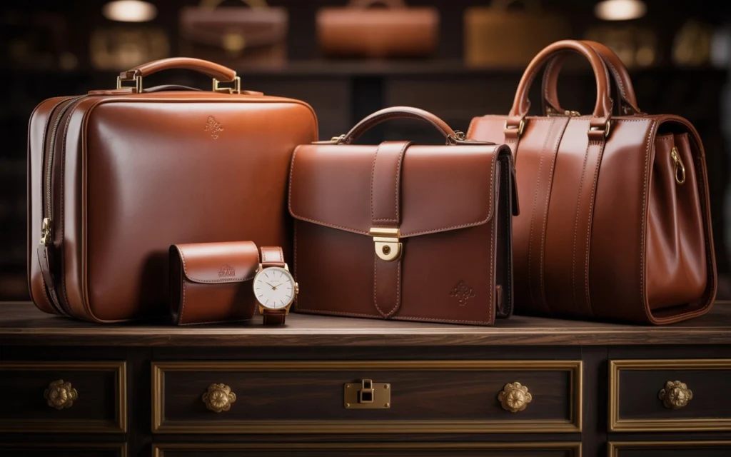 Luxury leather anniversary gifts including travel bag and briefcase