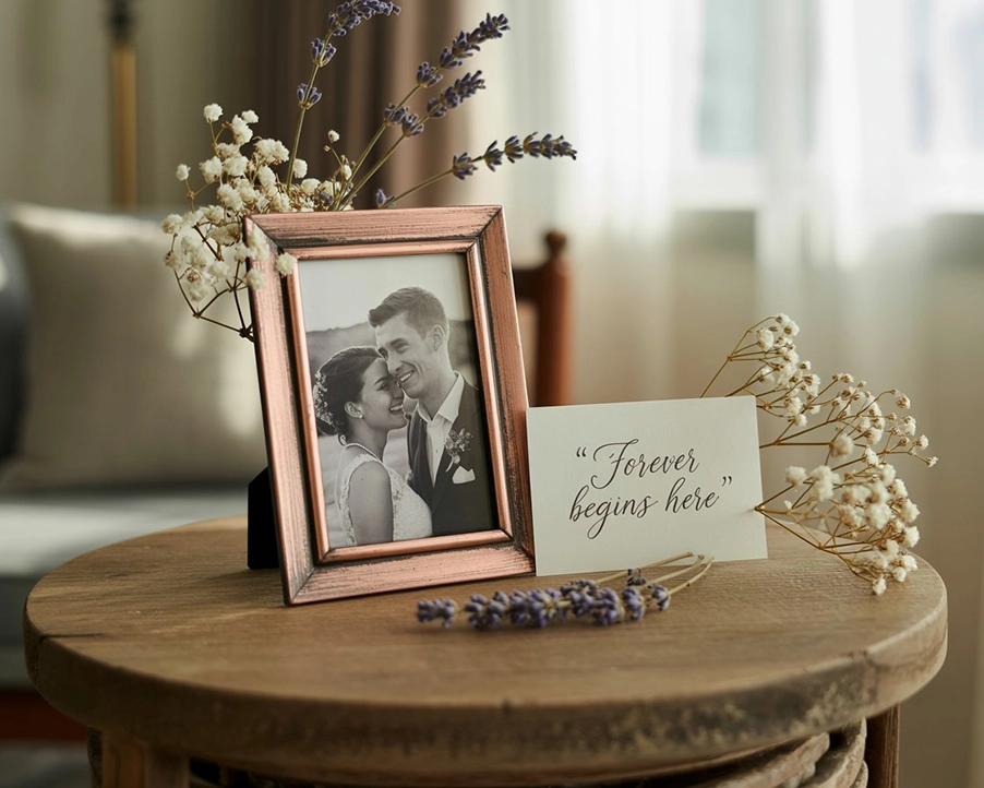 Copper photo frame displaying a wedding photo, styled with dried flowers and a romantic quote card in a cozy setting.