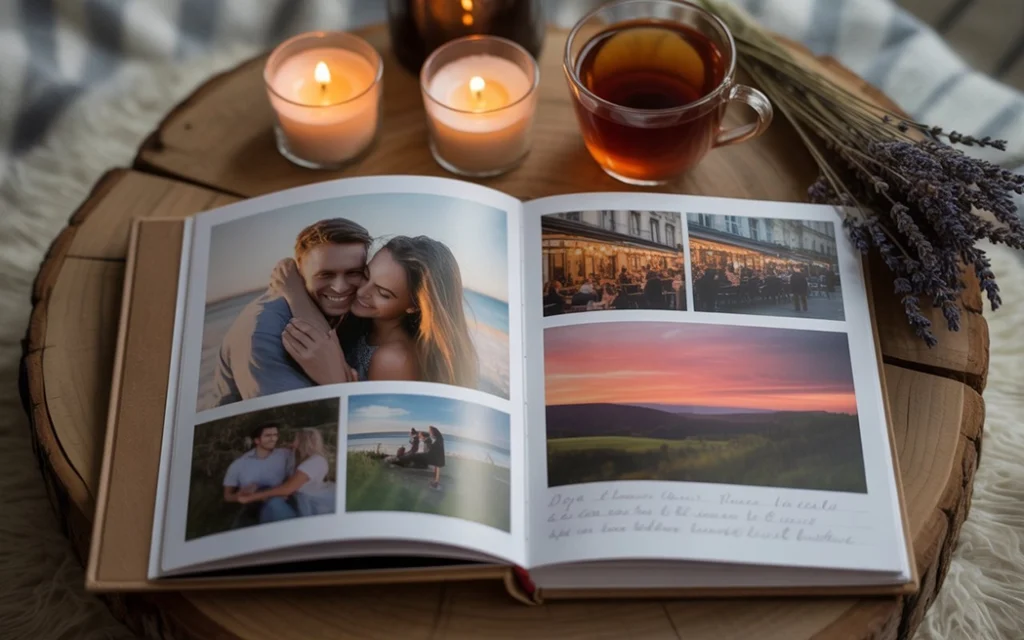 Personalized photo book with couple's memories and captions.