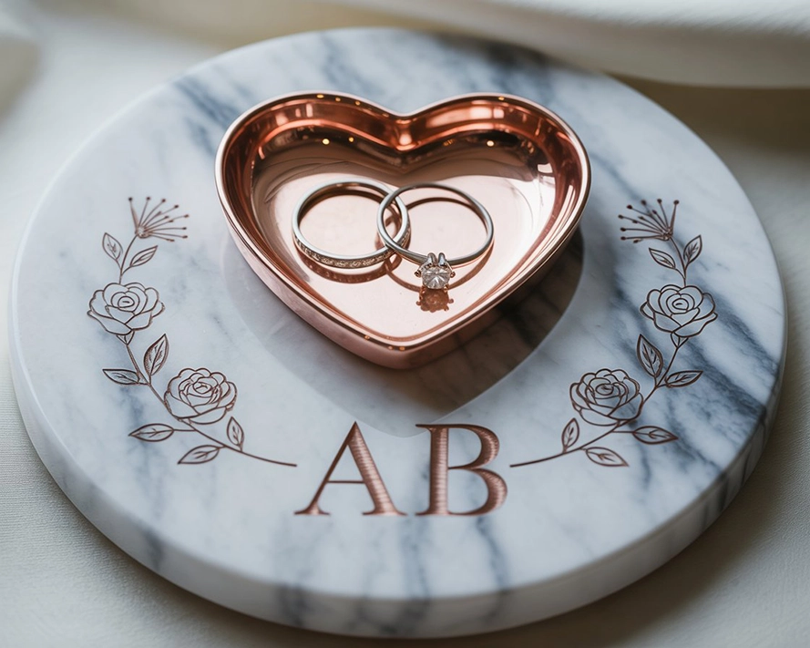 Heart-shaped copper jewelry dish holding two rings, placed on a soft marble surface with personalized initials and floral accents.