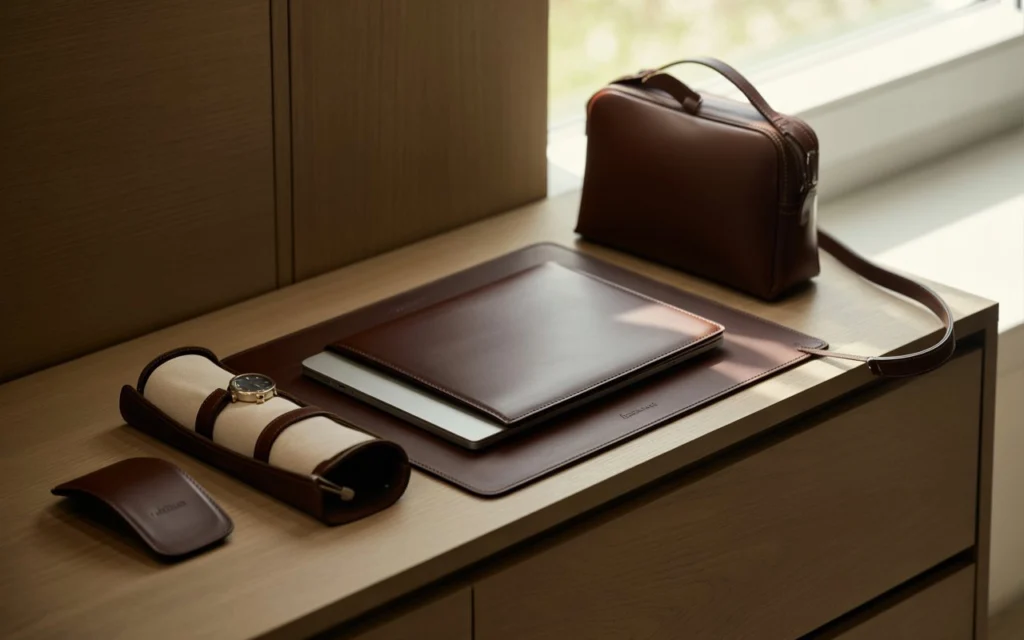 Practical leather gifts like mouse pad, tech sleeve, and watch organizer