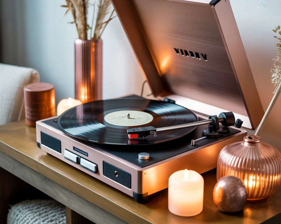 Vintage copper record player spinning a vinyl record, styled with romantic decor and soft lighting for an anniversary gift vibe.