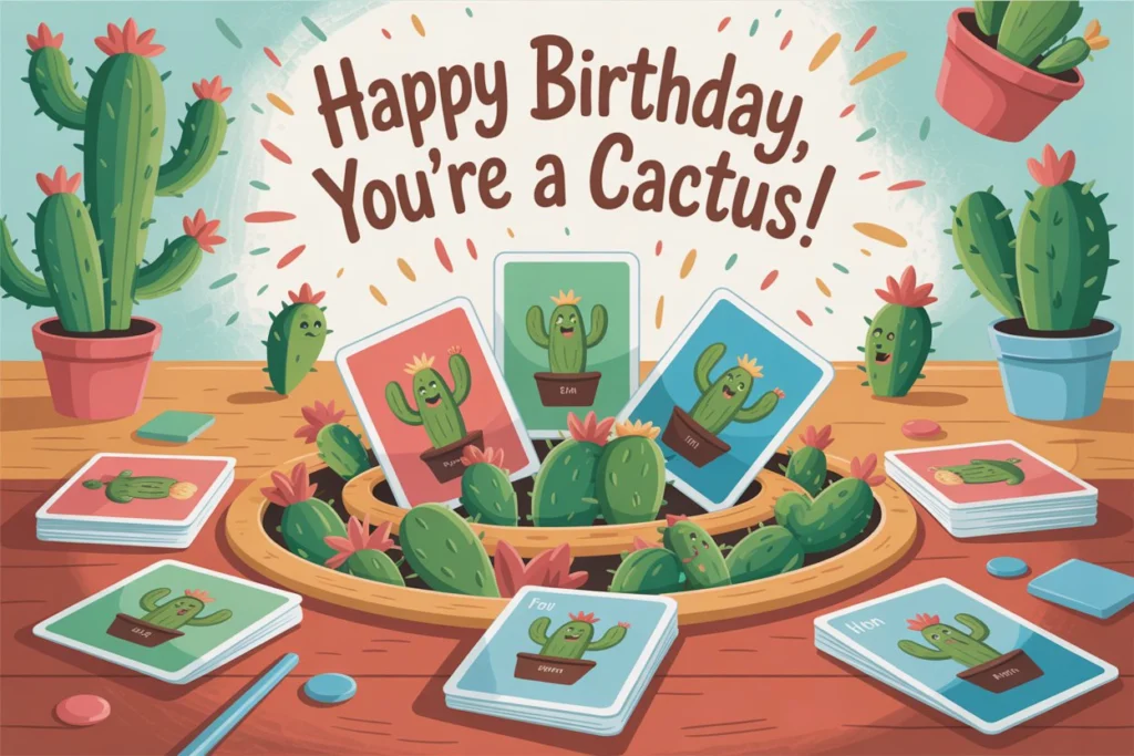 Colorful cactus-themed game cards with sabotage elements.