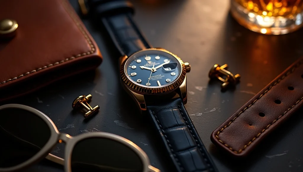 Luxury men’s watch with whiskey and cufflinks for a classy 50th gift.