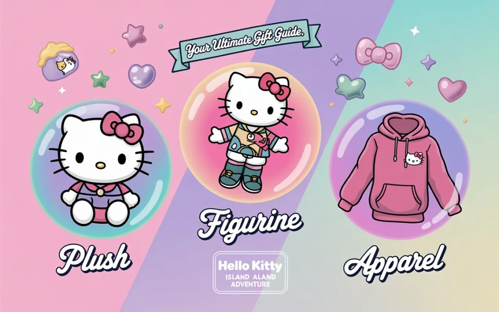 Collage of Hello Kitty plush, figurine, and apparel gift options in pastel bubbles.