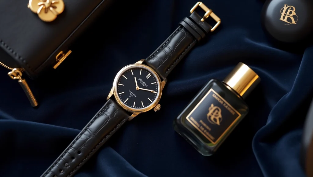 Elegant display of luxury anniversary gifts for him including watch and cologne