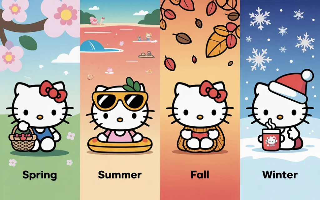 Seasonal Hello Kitty gift themes for spring, summer, fall, and winter in one banner.