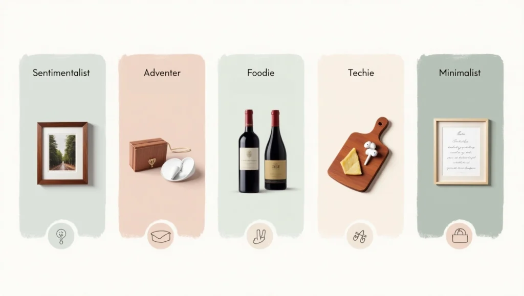 Visual grid of gift types based on personality: romantic, adventurous, techy, minimalist, and foodie