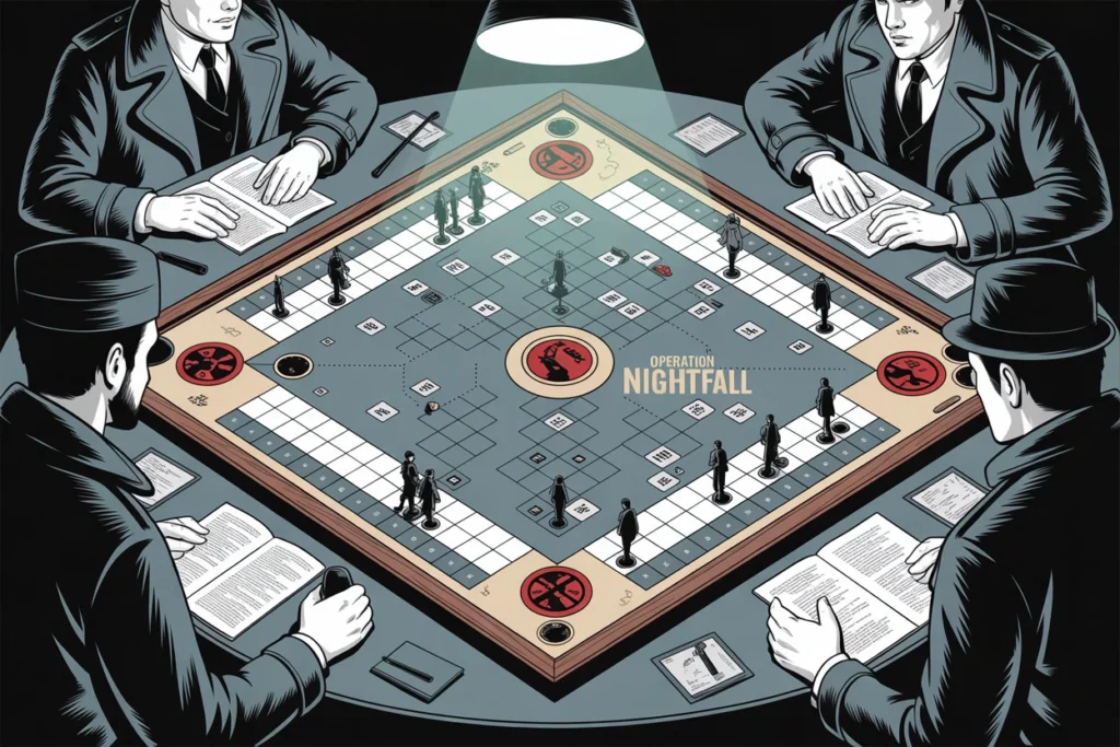 Spy-themed deduction board game inspired by graphic novels.