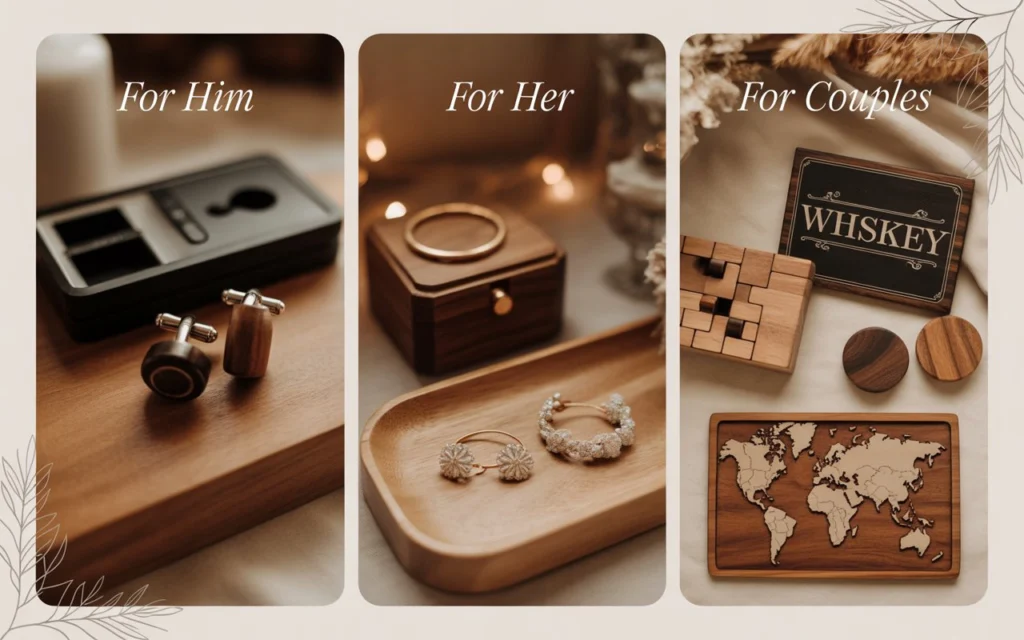 Gift ideas grouped by recipient: him, her, and couples.