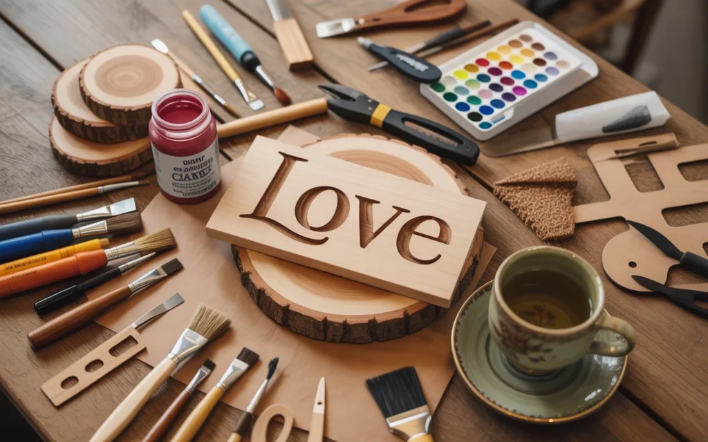 DIY wooden anniversary gift in progress using wood burner and paint.