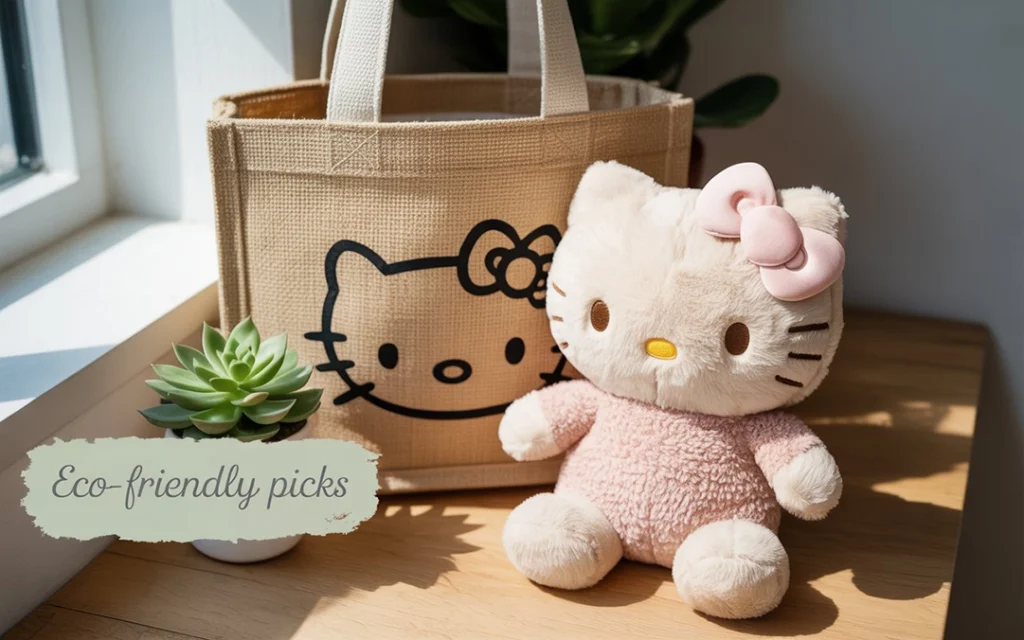 Eco-friendly Hello Kitty gifts including tote and recycled plush in a natural setting.