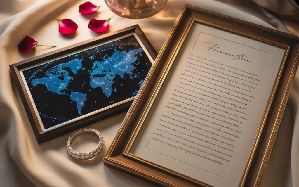 Romantic anniversary gift flat-lay with star map, engraved bracelet, and framed love letter.