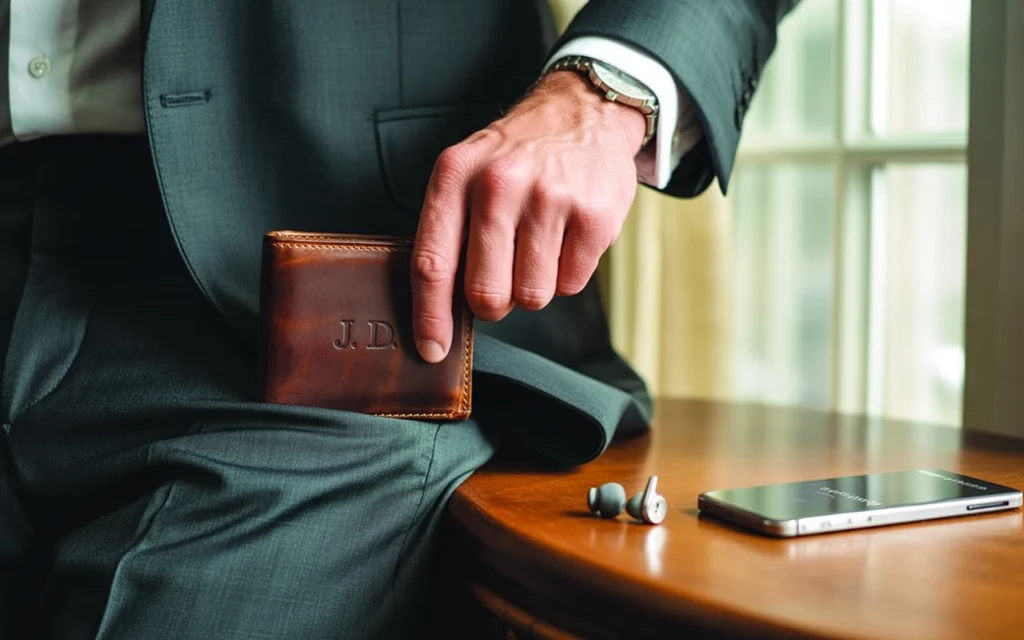 Man using a personalized leather wallet with watch and tech gadgets nearby.