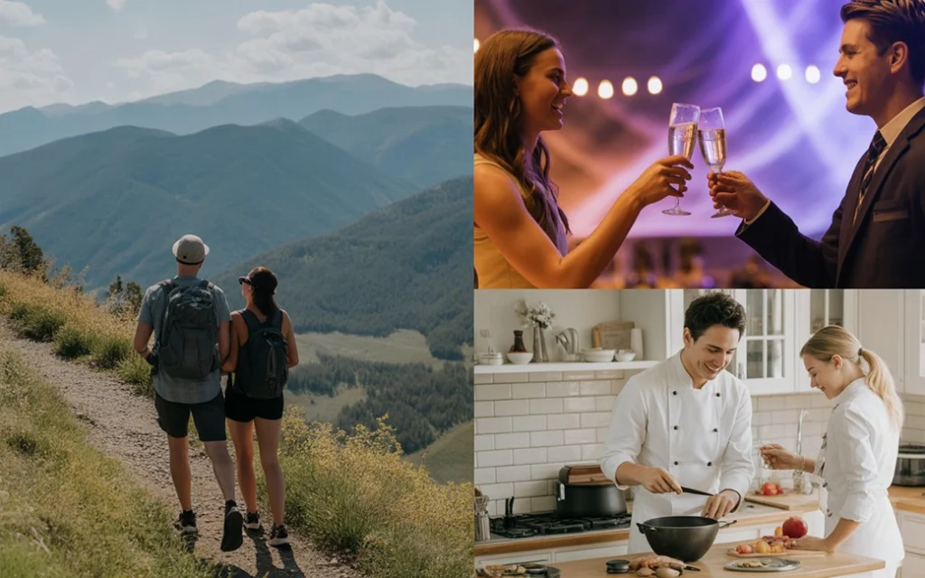 Collage of adventure and experience gifts for him including hiking, concerts, and cooking classes