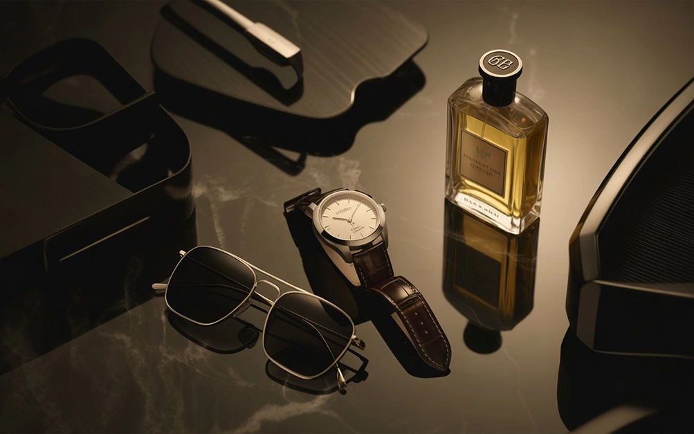 Luxury flat-lay of a designer watch, cologne, and sunglasses on a dark marble background.