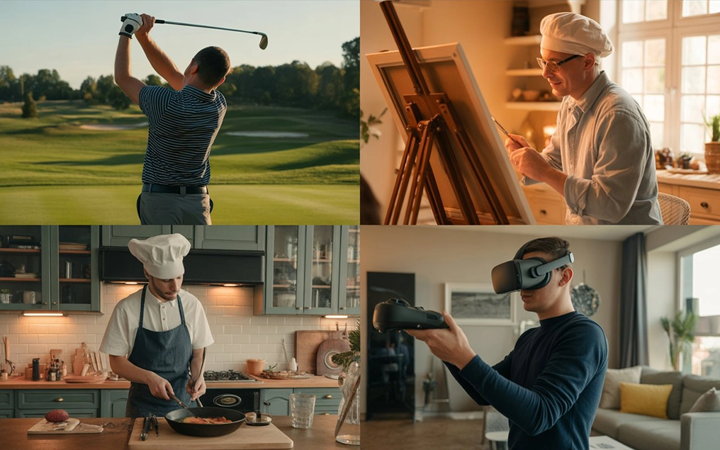 Collage of hobby-focused anniversary gifts including golf, art, cooking, and VR gaming.