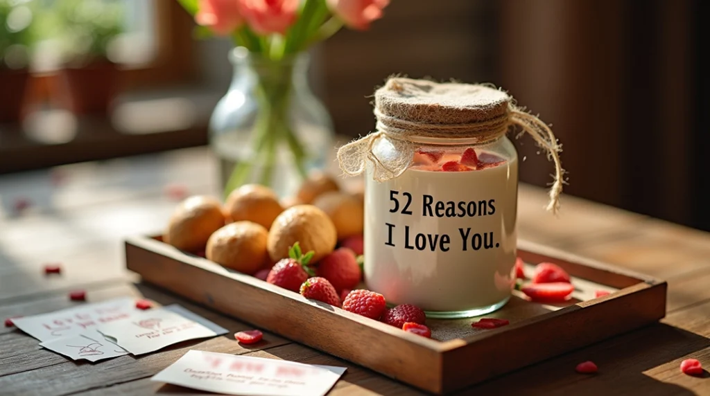 DIY anniversary gift jar with handwritten love notes and small treats.